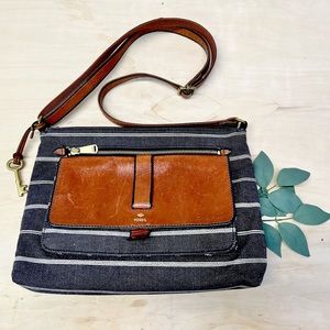 Fossil Leather and Striped Denim Crossbody Bag